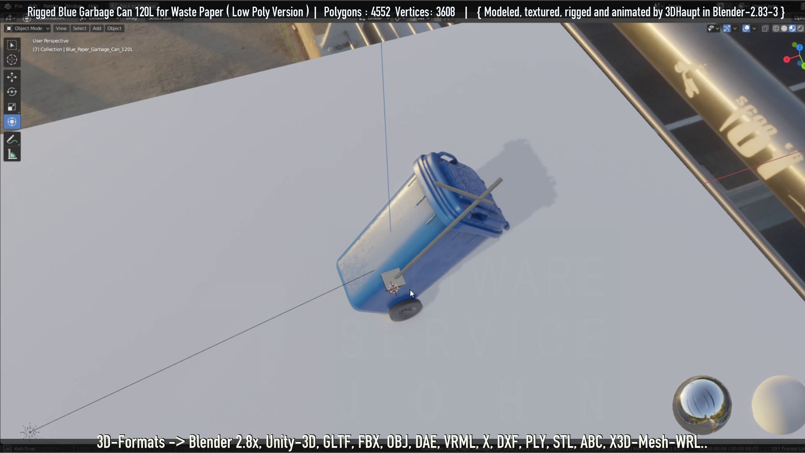 Rigged Garbage Can 120L Blue for Waste Paper -Low-Poly-Version- Low-poly 3D model_63