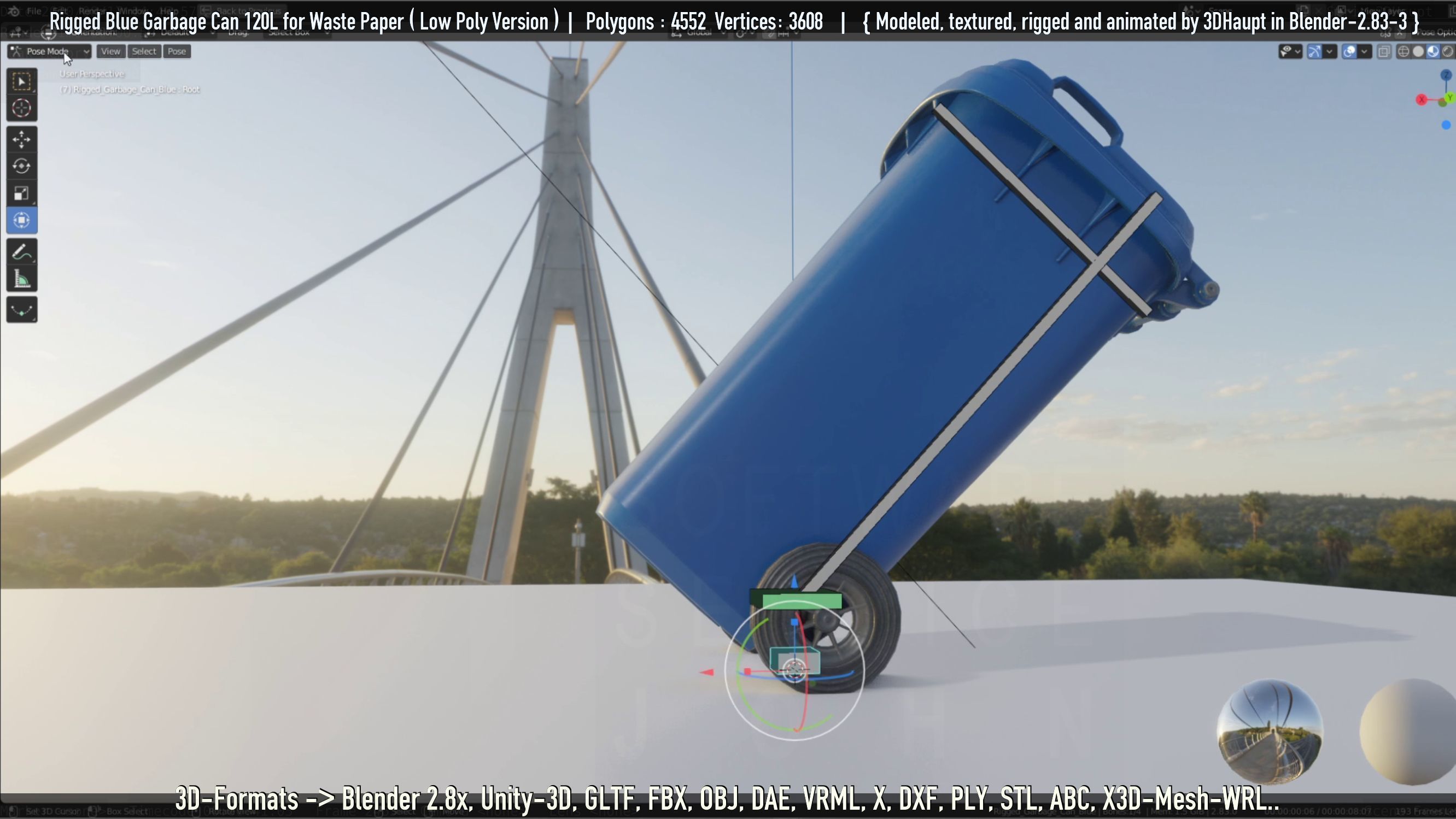 Rigged Garbage Can 120L Blue for Waste Paper -Low-Poly-Version- Low-poly 3D model_71