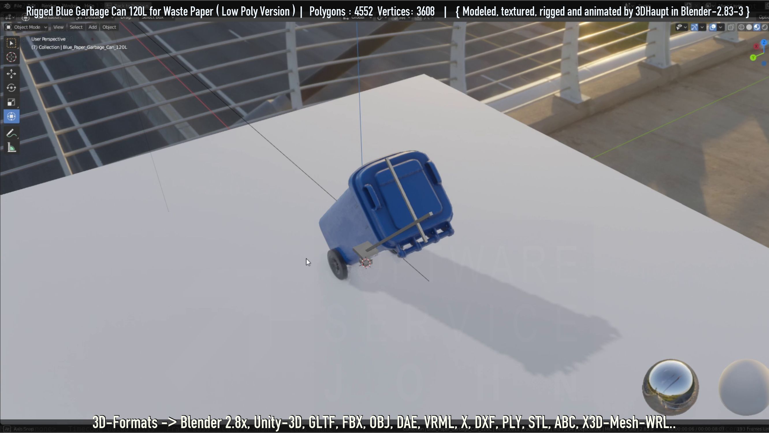 Rigged Garbage Can 120L Blue for Waste Paper -Low-Poly-Version- Low-poly 3D model_35