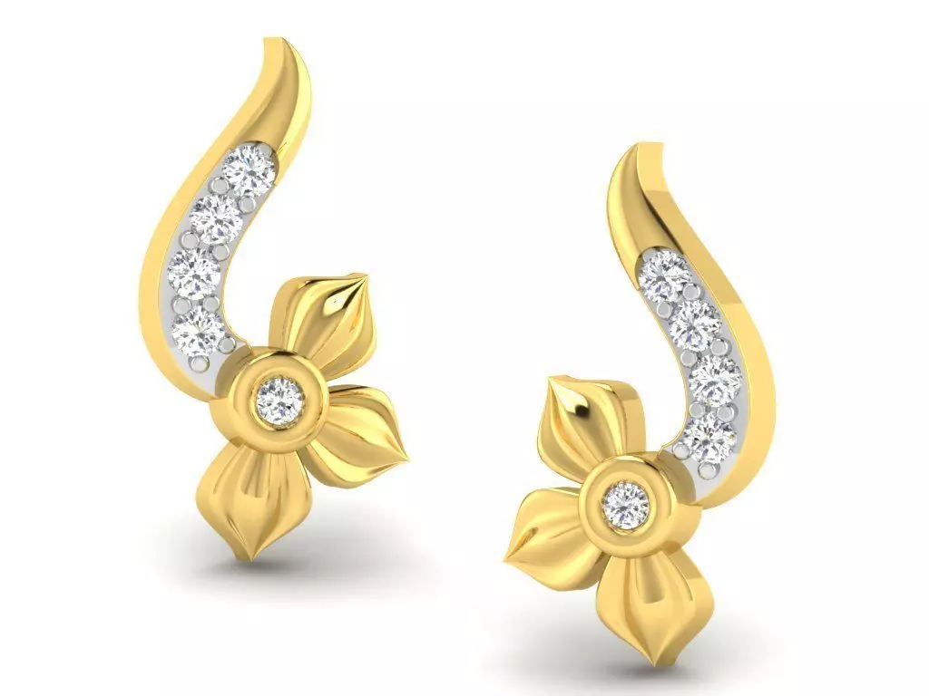 DE-2883 flower stud earrings gold with diamonds 3D print model_0