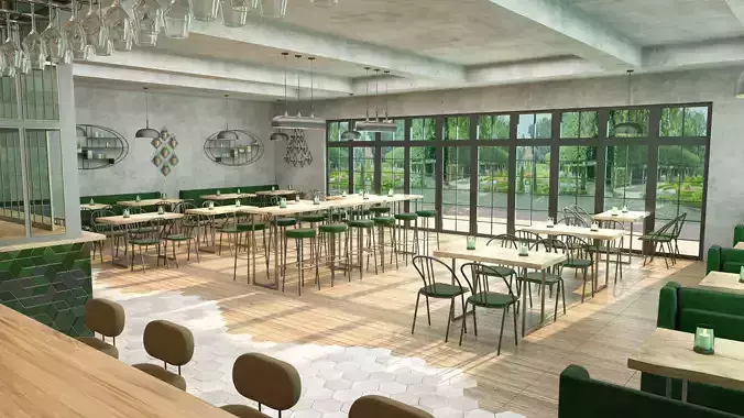 Industrial coffee bar restaurant interior design 3D model