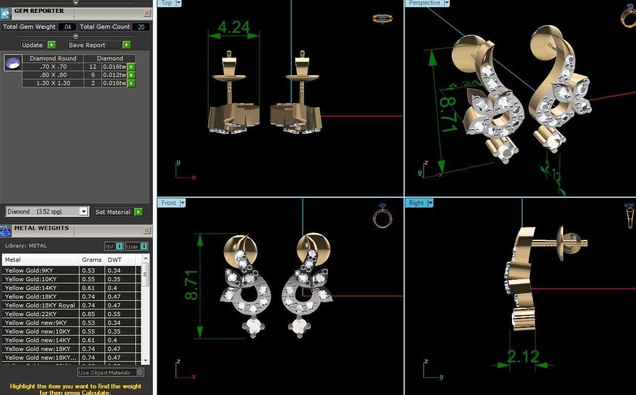 Earrings-2899 pair of diamond earrings gold and gold 3D print model_1