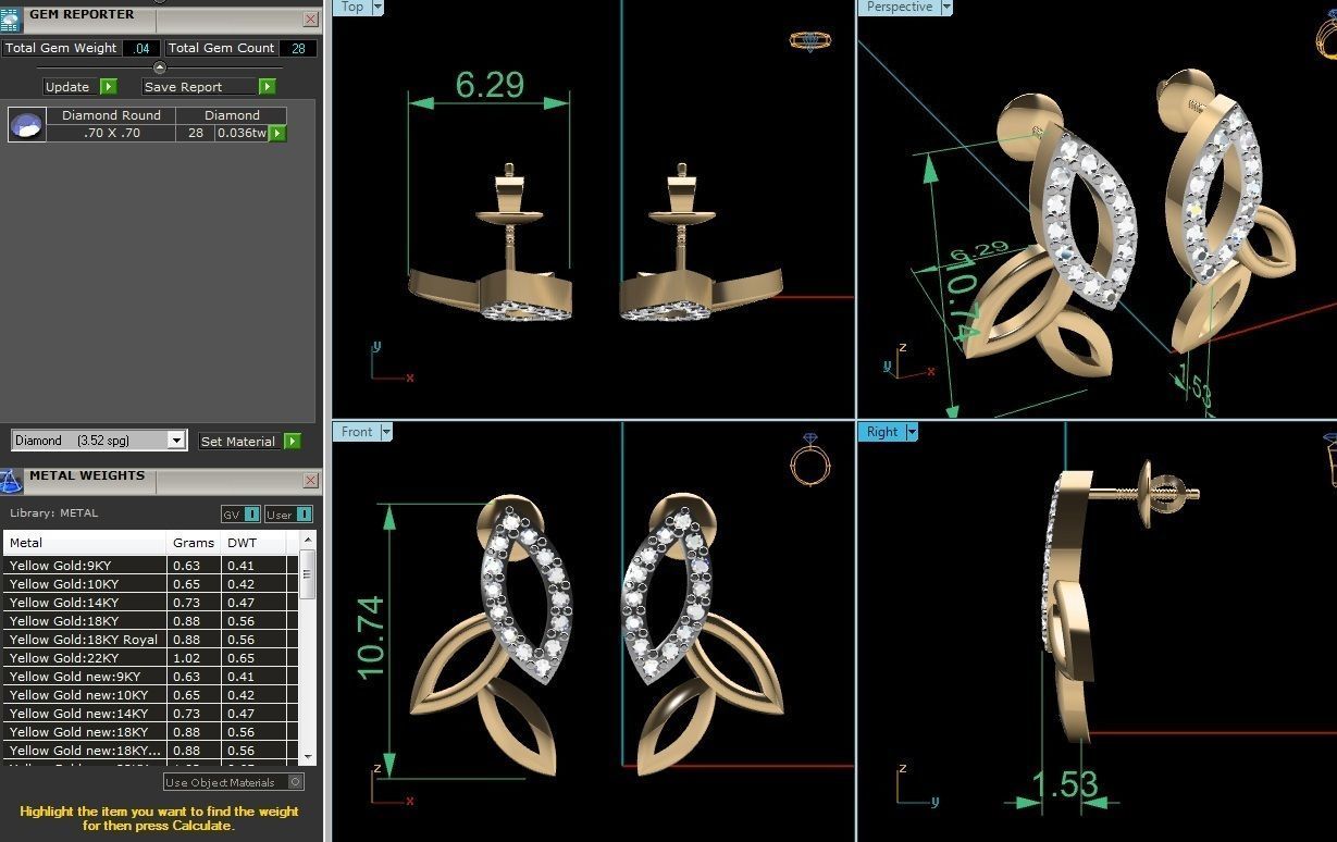 Earrings-2895 diamond leaf shaped earring gold 3D print model_1