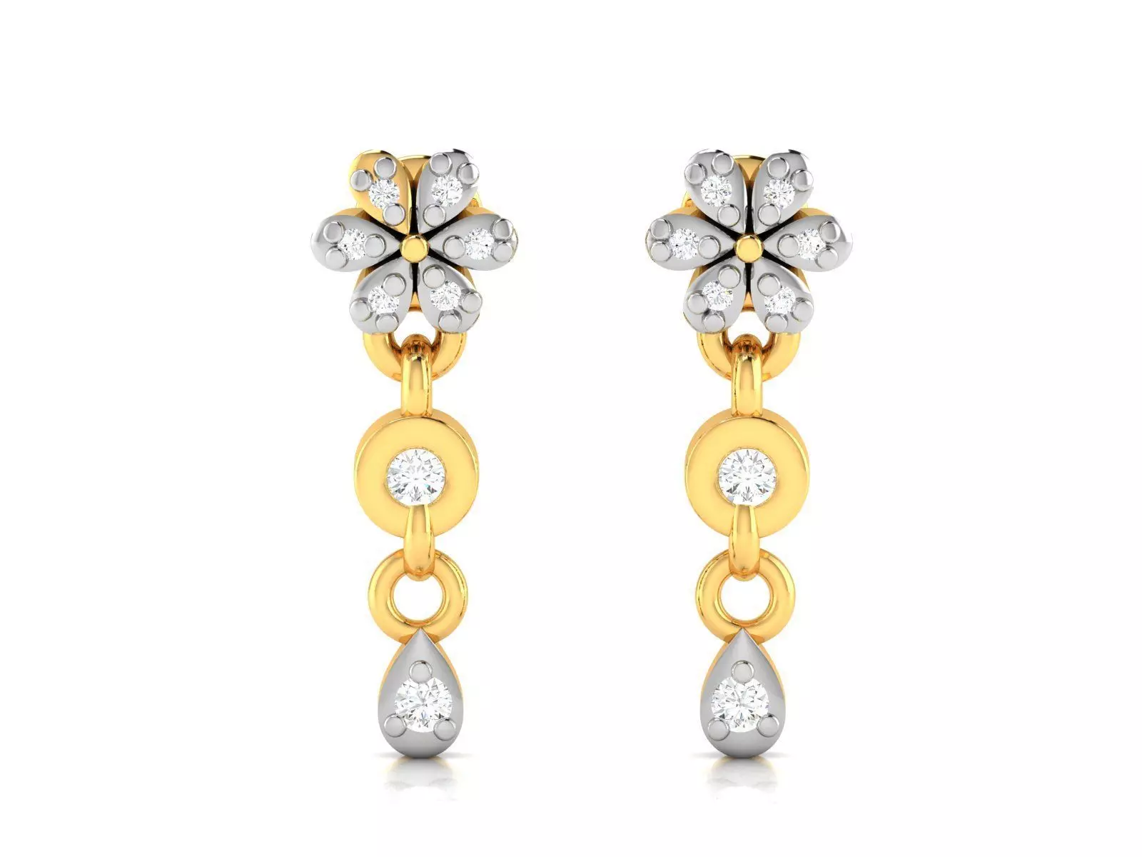 Earrings-2890 diamond flower dangle earrings in gold 3D print model_0