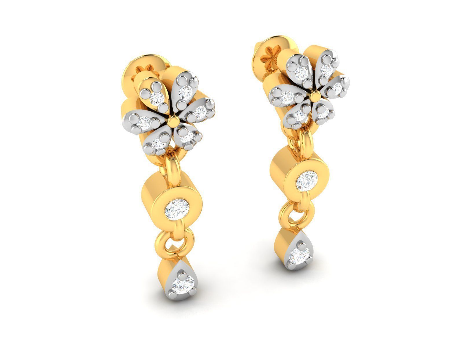 Earrings-2890 diamond flower dangle earrings in gold 3D print model_3