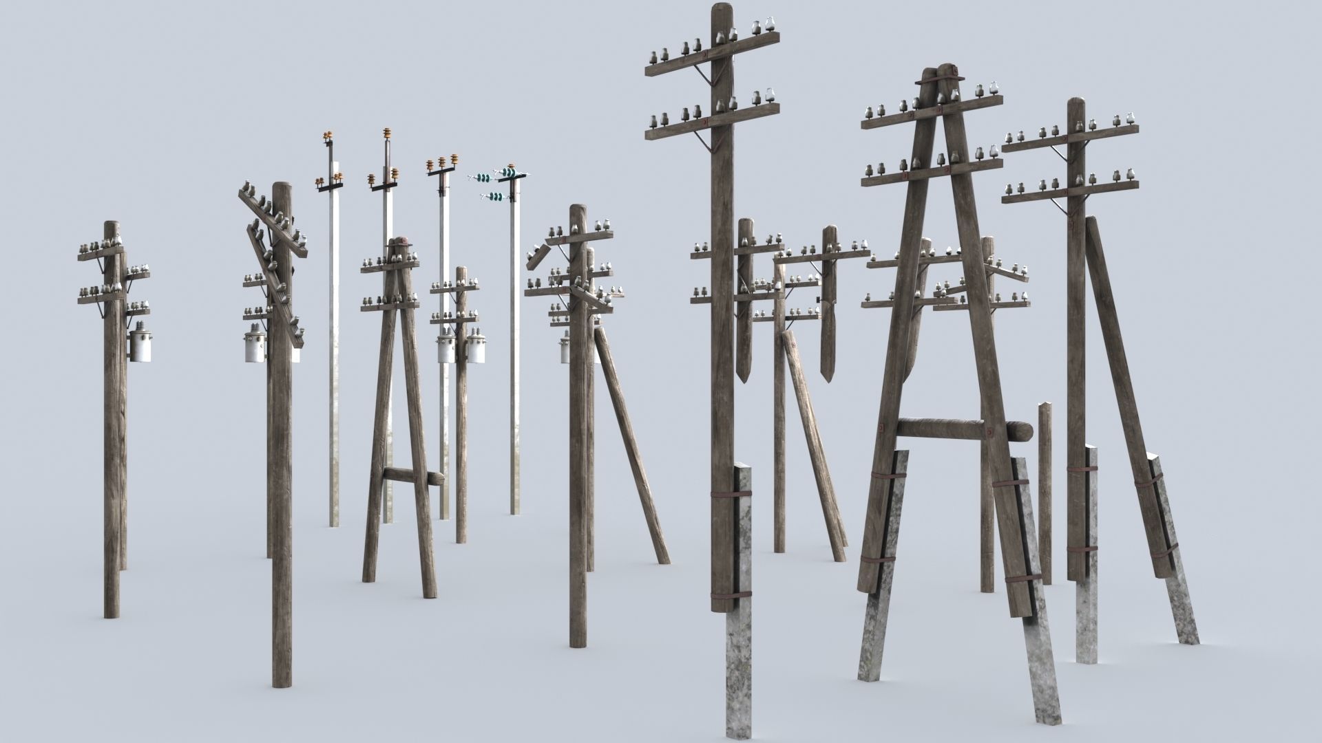 Set electric poles whole and broken Low-poly 3D model_3