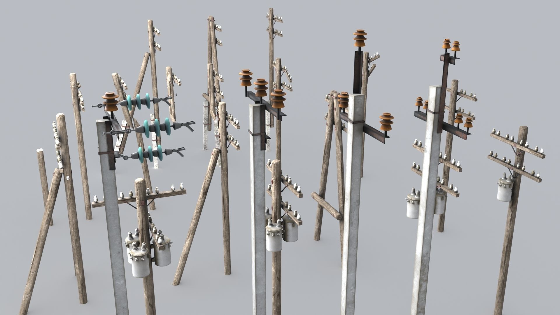 Set electric poles whole and broken Low-poly 3D model_6
