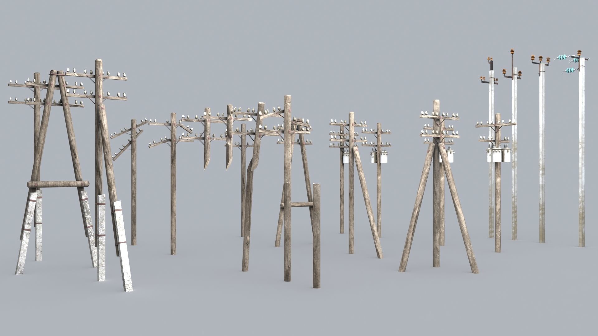 Set electric poles whole and broken Low-poly 3D model_1