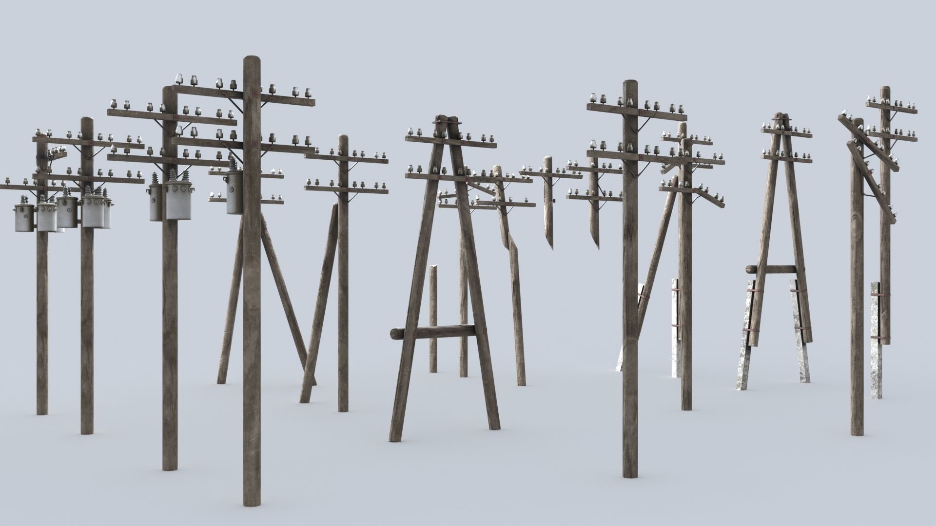 Set electric poles whole and broken Low-poly 3D model_5