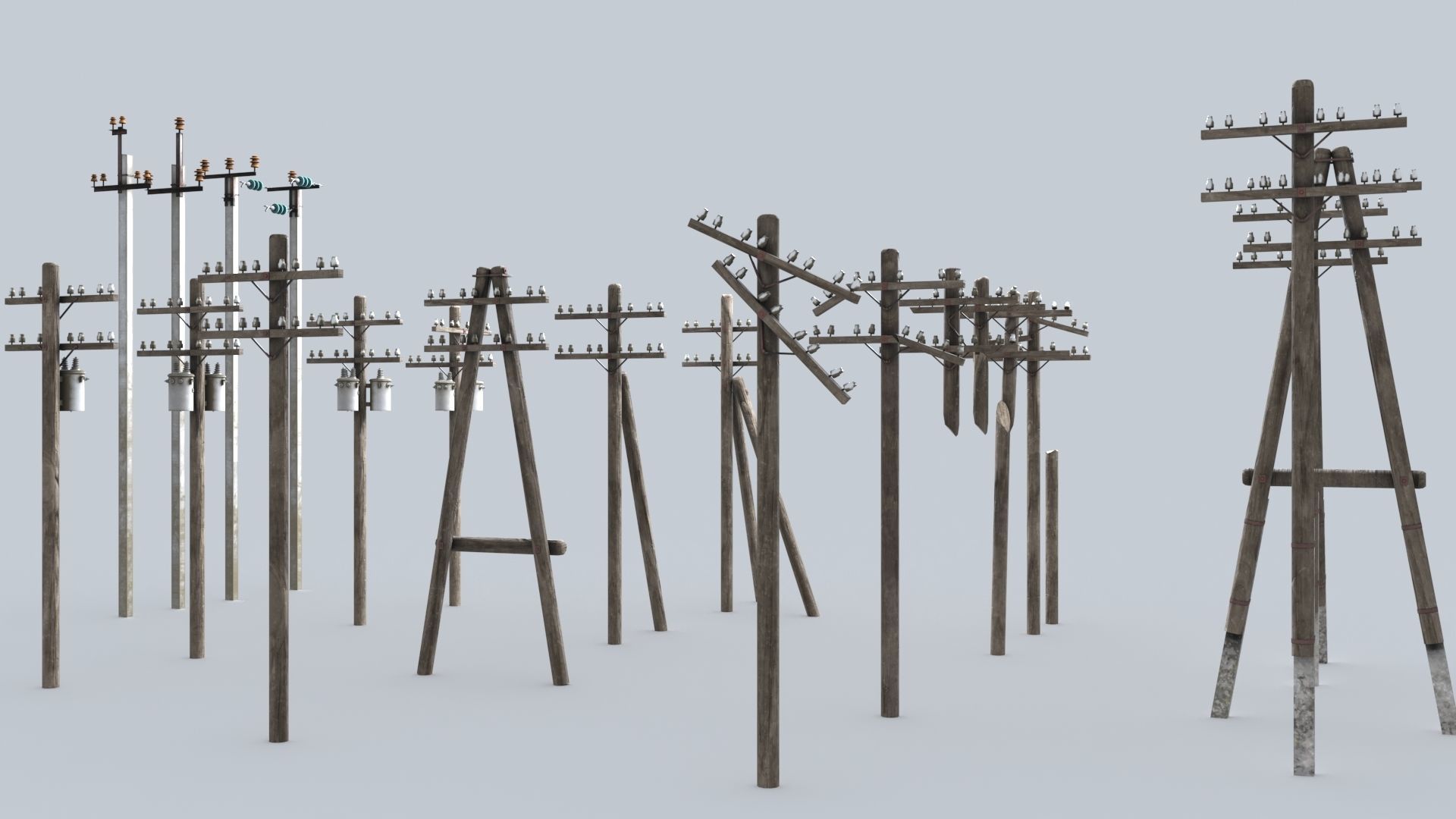 Set electric poles whole and broken Low-poly 3D model_4