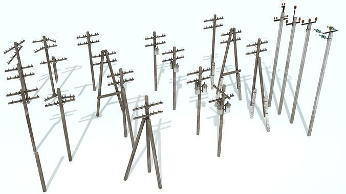 Set electric poles whole and broken Low-poly 3D model