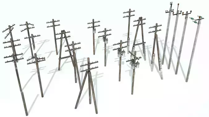 Set electric poles whole and broken Low-poly 3D model
