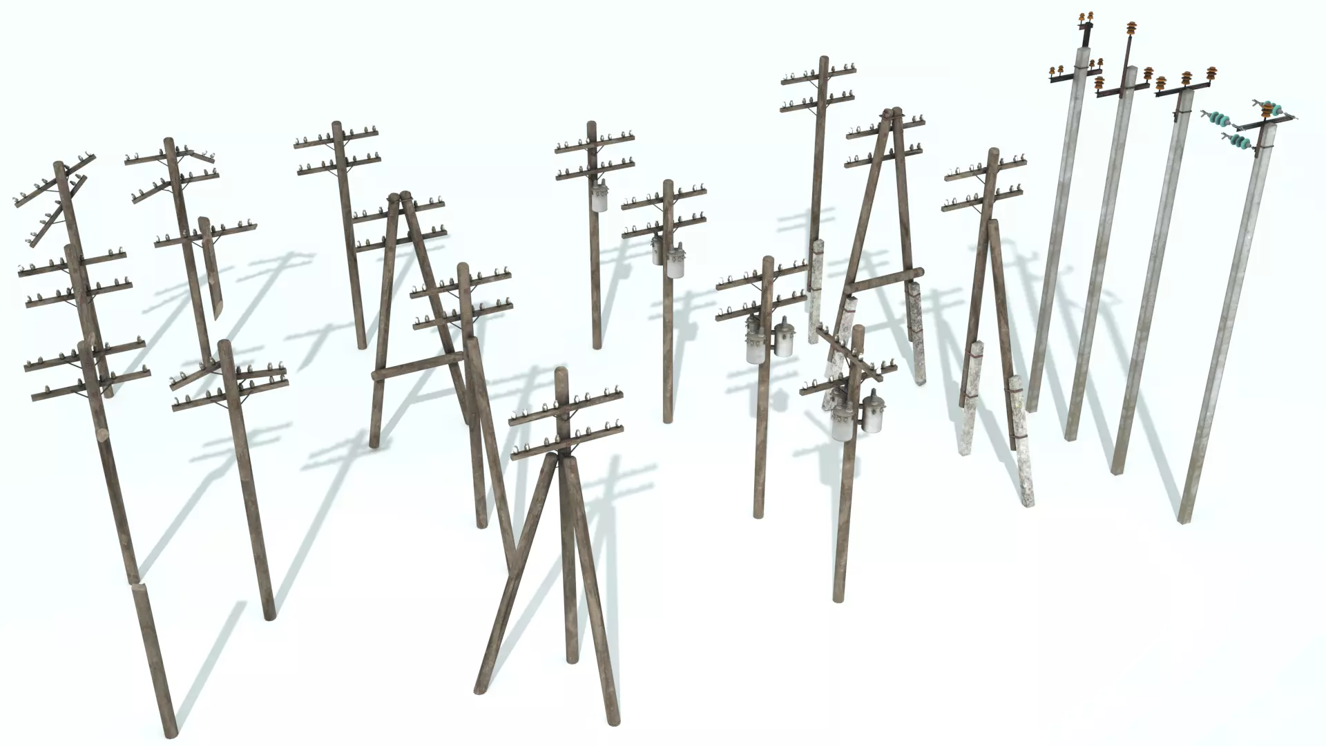 Set electric poles whole and broken Low-poly 3D model_0