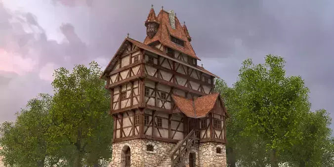 Half-timbered house from the 17th CENTURY Low-poly 3D model