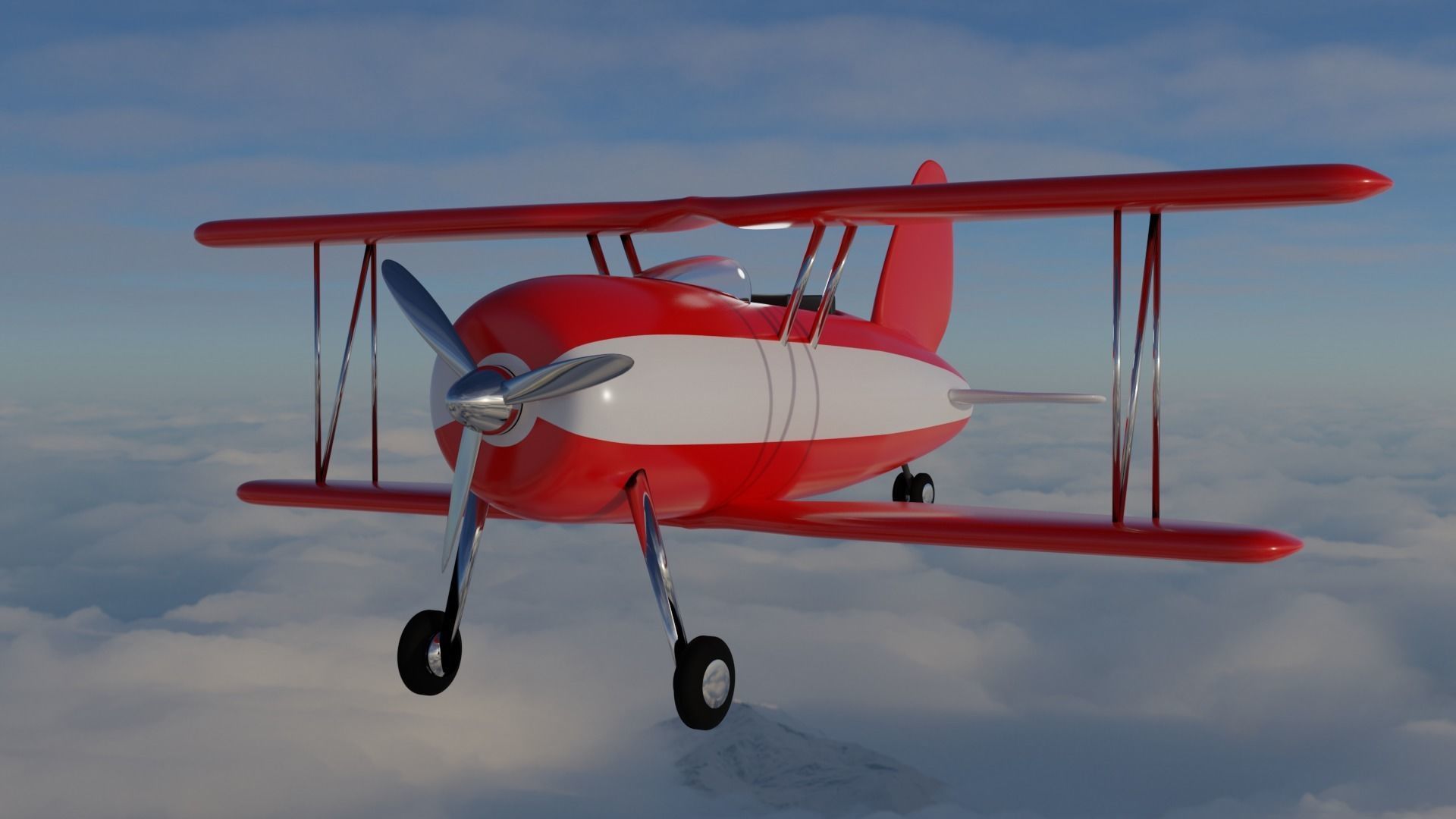 Plane biplane flying above clouds 3D model_1