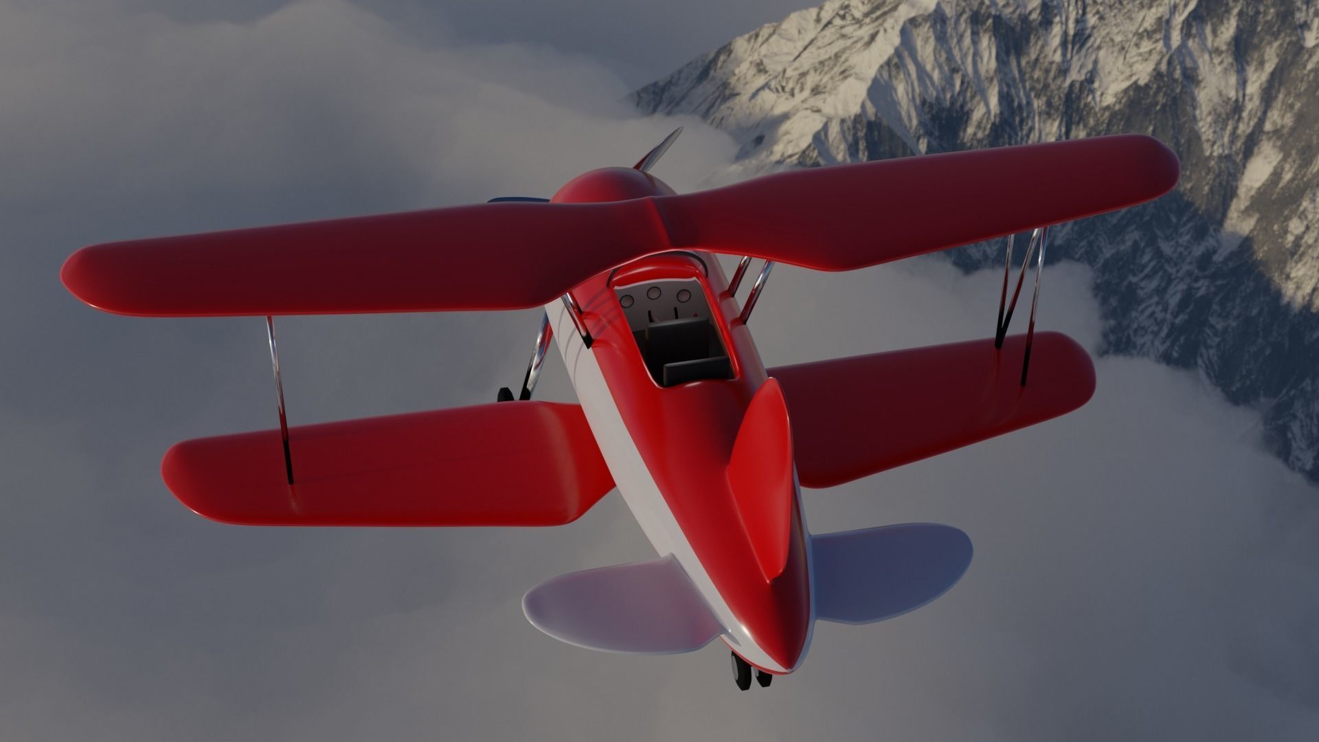 Plane biplane flying above clouds 3D model_5