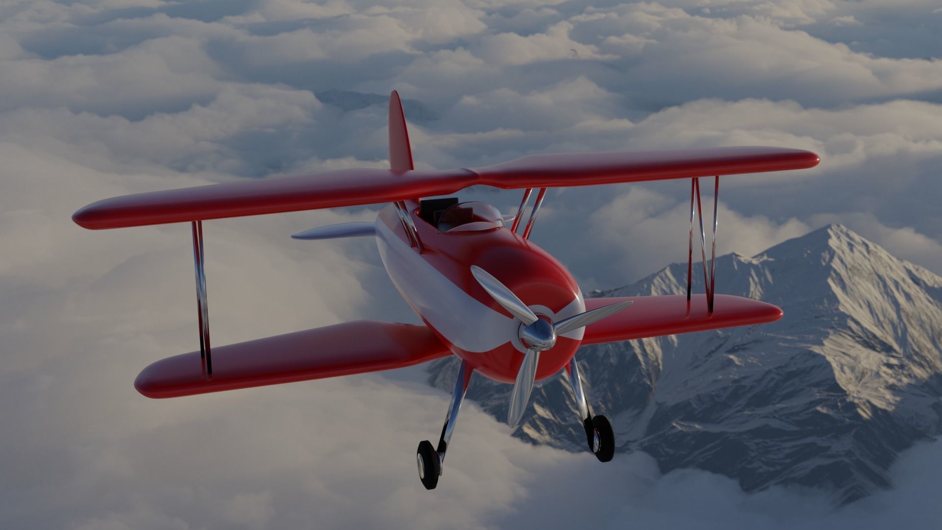 Plane biplane flying above clouds 3D model_4