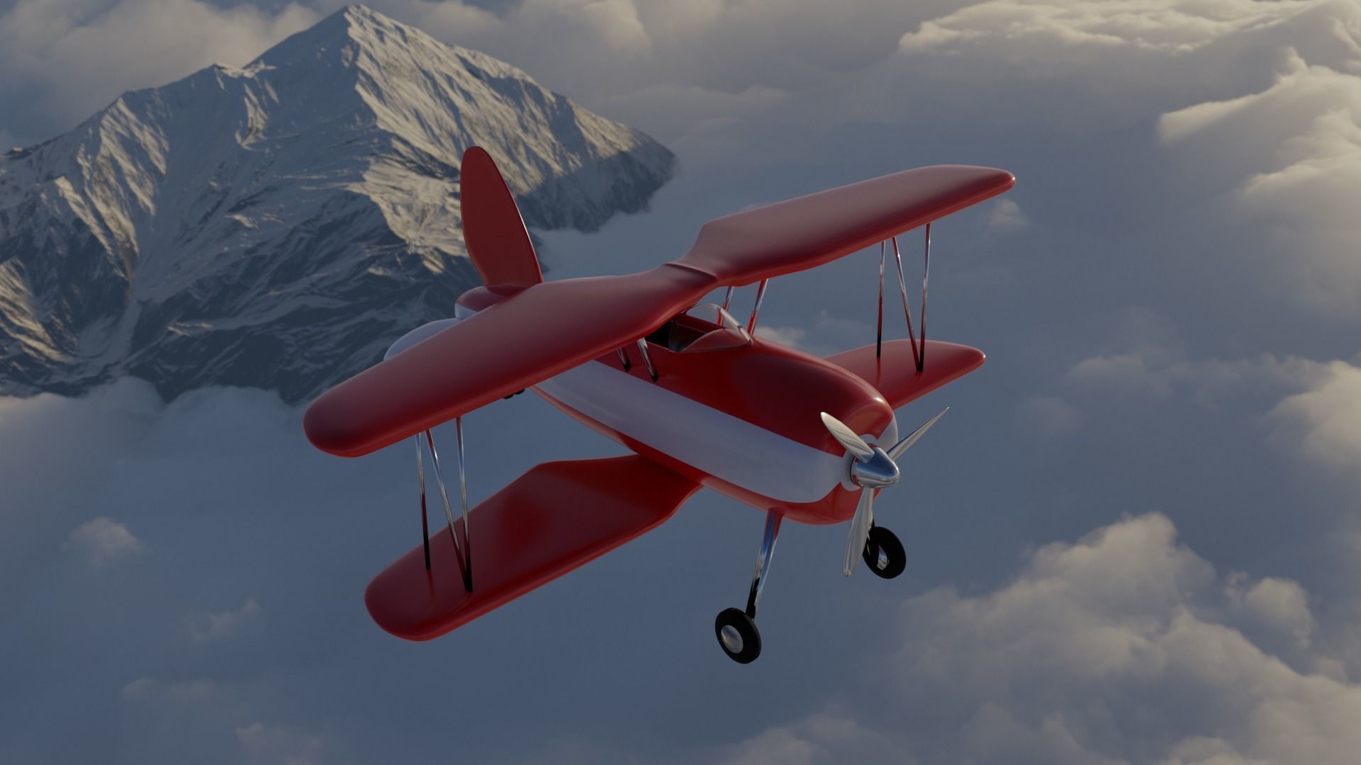 Plane biplane flying above clouds 3D model_2