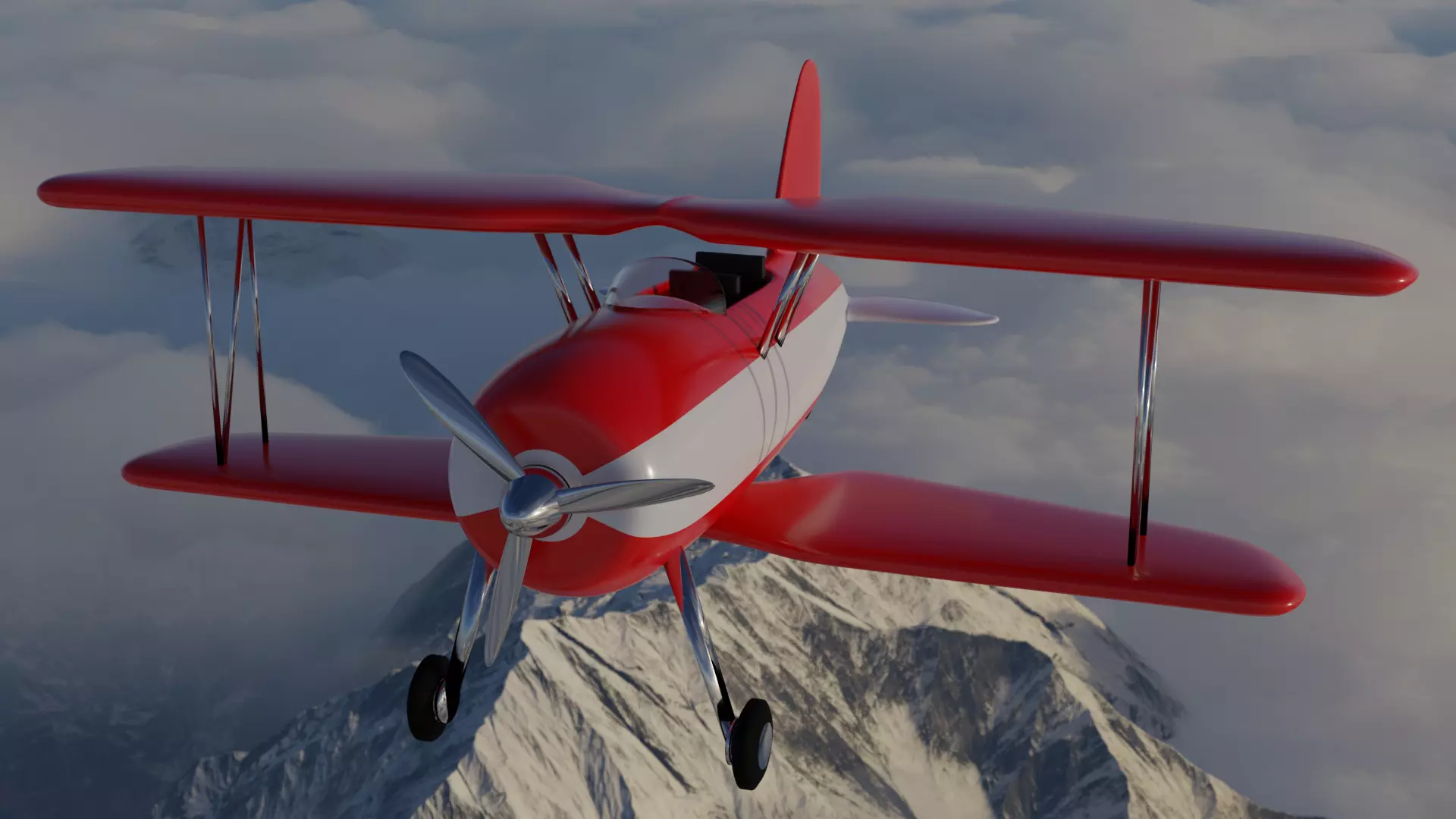 Plane biplane flying above clouds 3D model_0