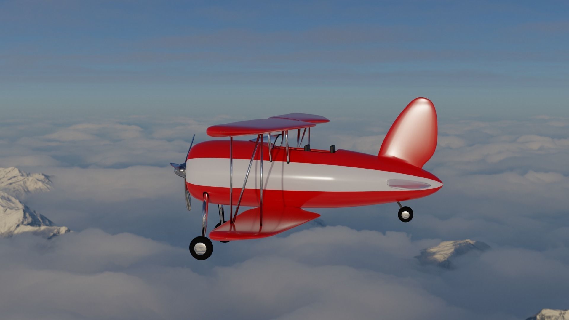 Plane biplane flying above clouds 3D model_6