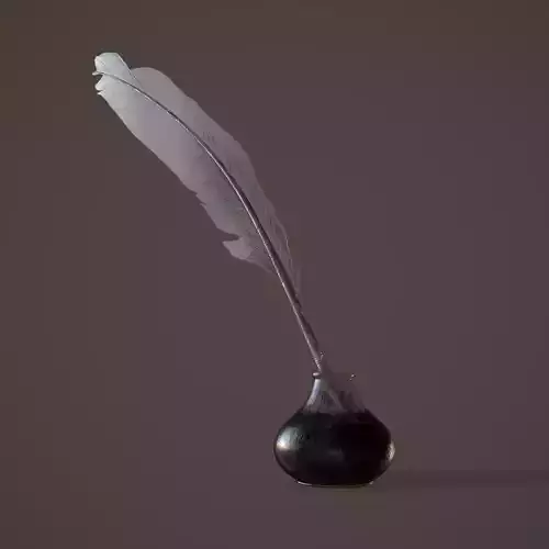 Quill and Glass Inkpot Low-poly 3D model