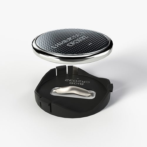 2K PBR Textured CR2032 Bios Battery and Socket 3D model