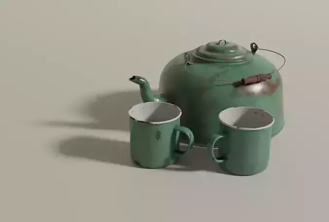 Tin kettle and cups