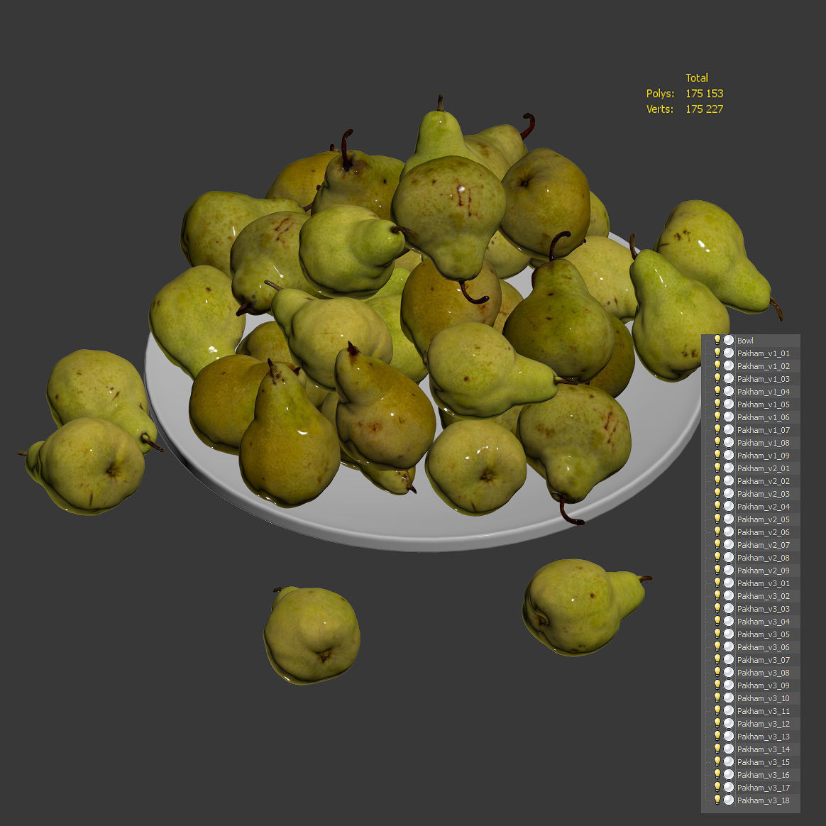 Pakham pears in a wooden fruit bowl Low-poly 3D model_6