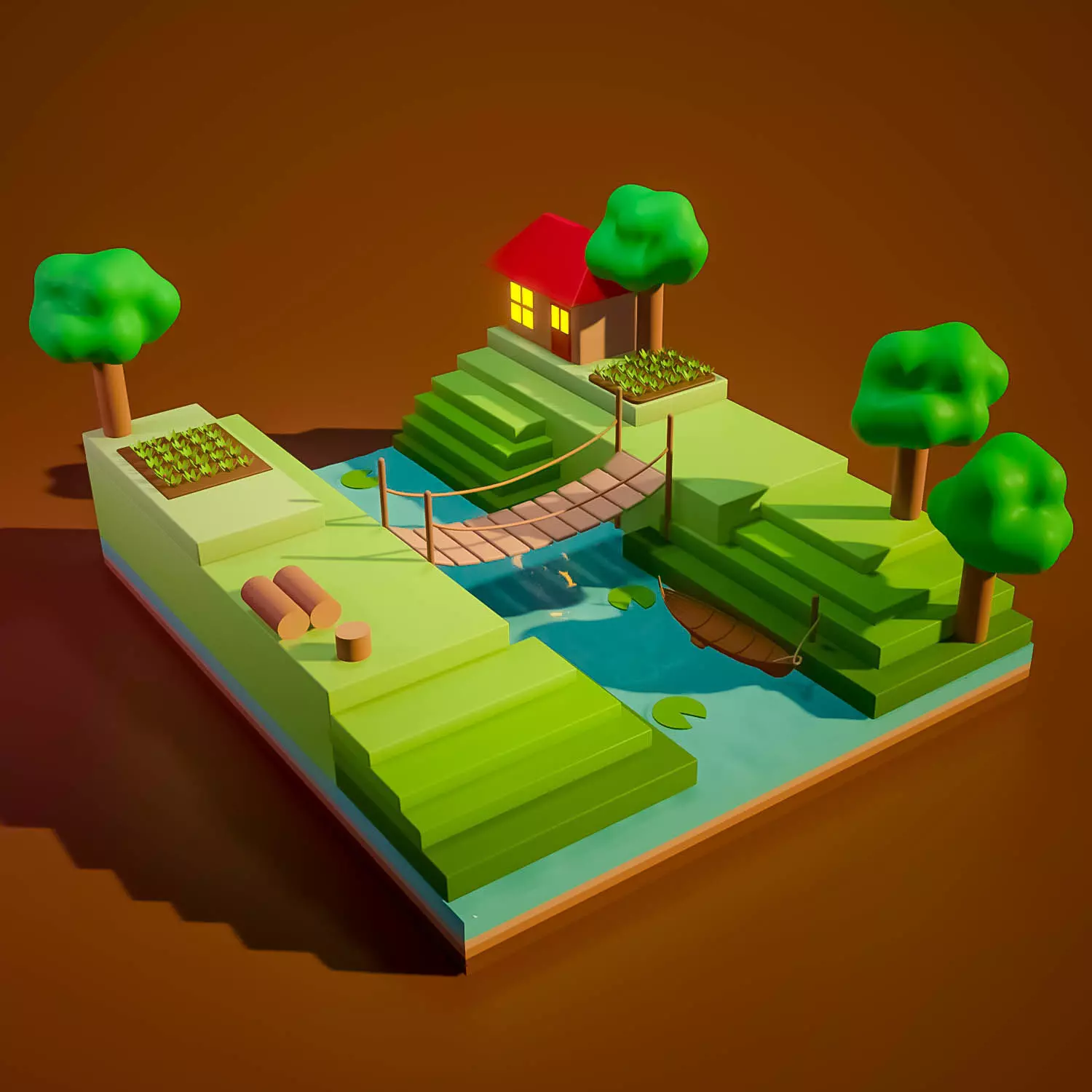 lowpoly land house with trees and river Free 3D model