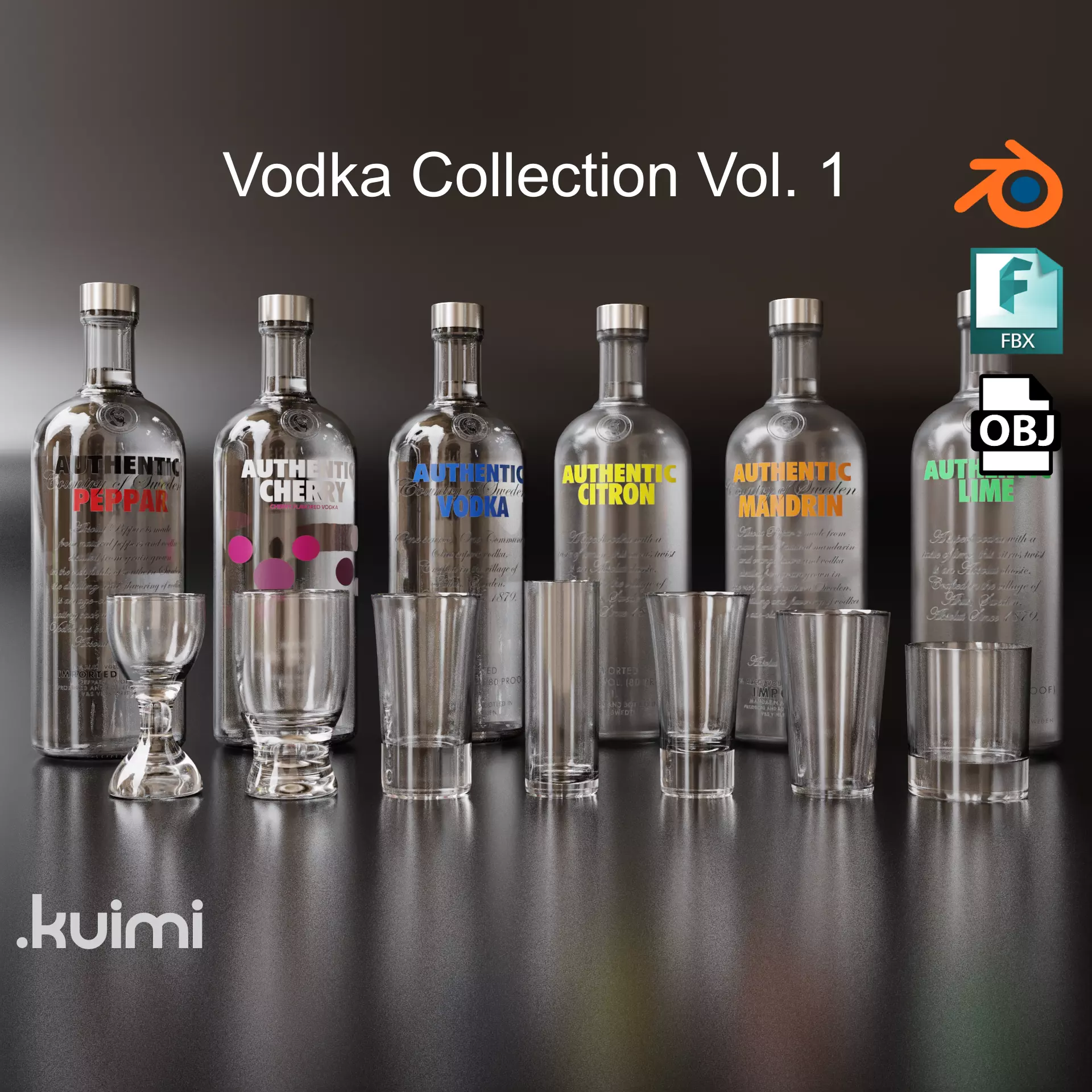 Vodka Bottle and Shot Glasses Pack 3D Model Collection_0