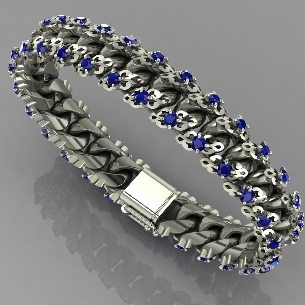 Miami cuban link chain bracelet with an ornament and gems 0139 3D print model_10