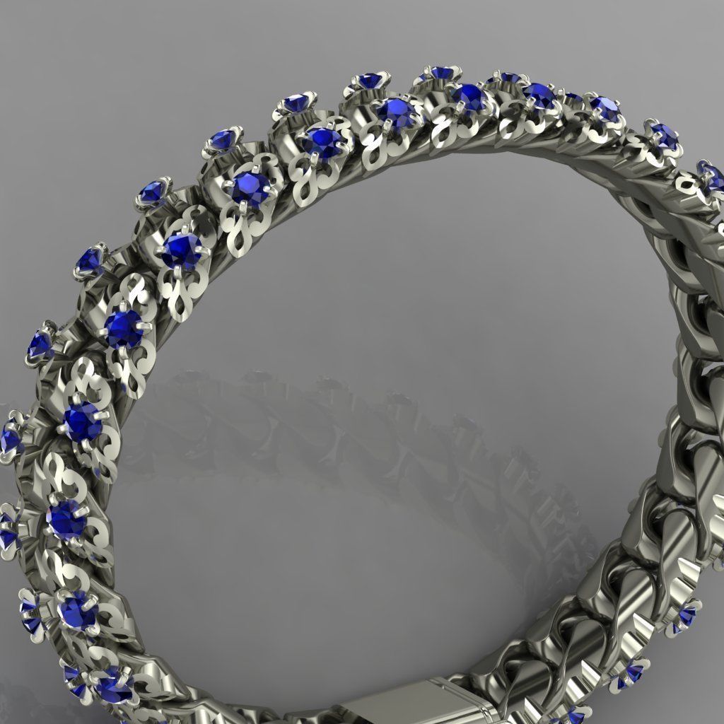 Miami cuban link chain bracelet with an ornament and gems 0139 3D print model_9