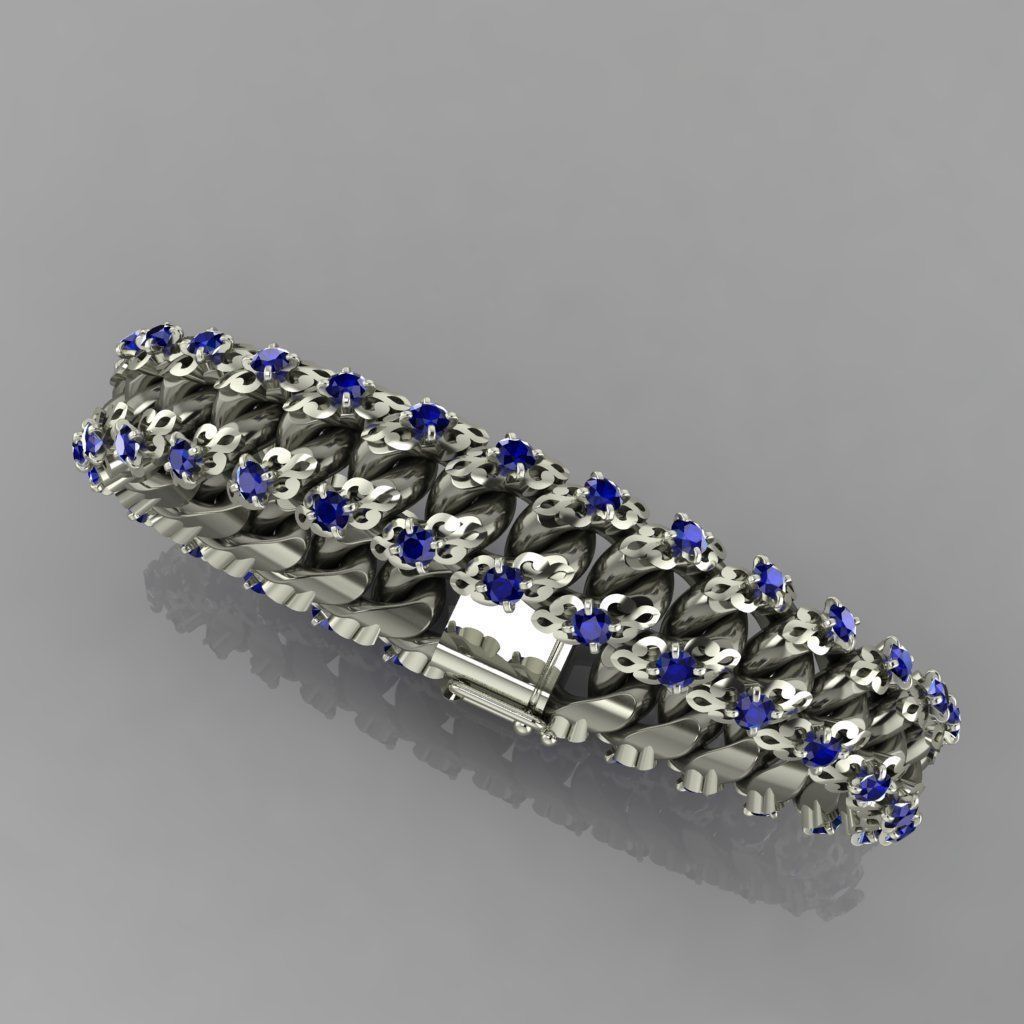 Miami cuban link chain bracelet with an ornament and gems 0139 3D print model_8