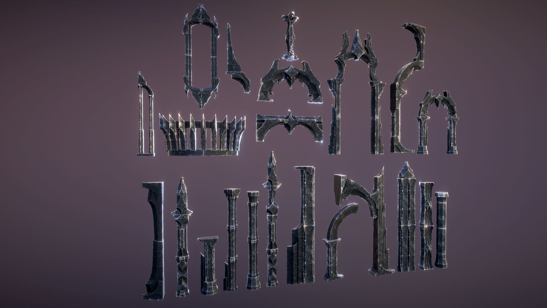 Dark arcitecture set Low-poly 3D model_5