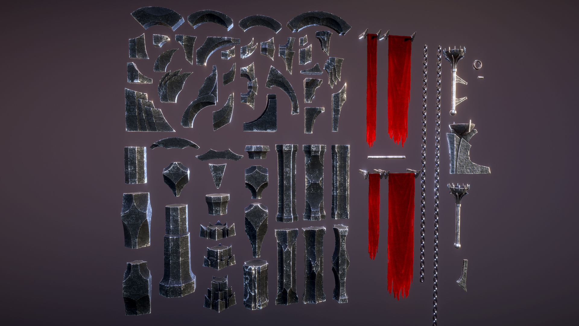 Dark arcitecture set Low-poly 3D model_7