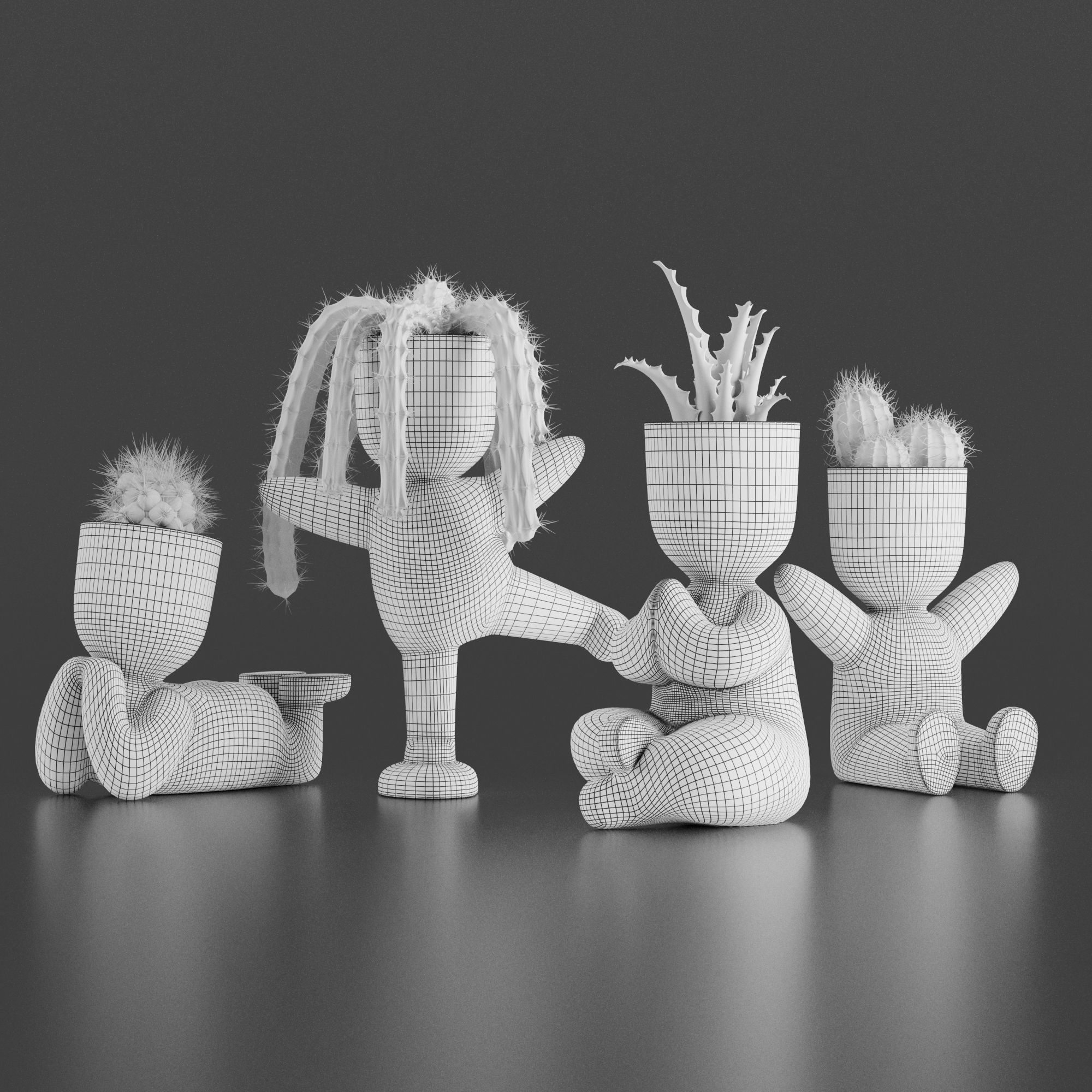 Cacti Set cactus planters 3D model_5