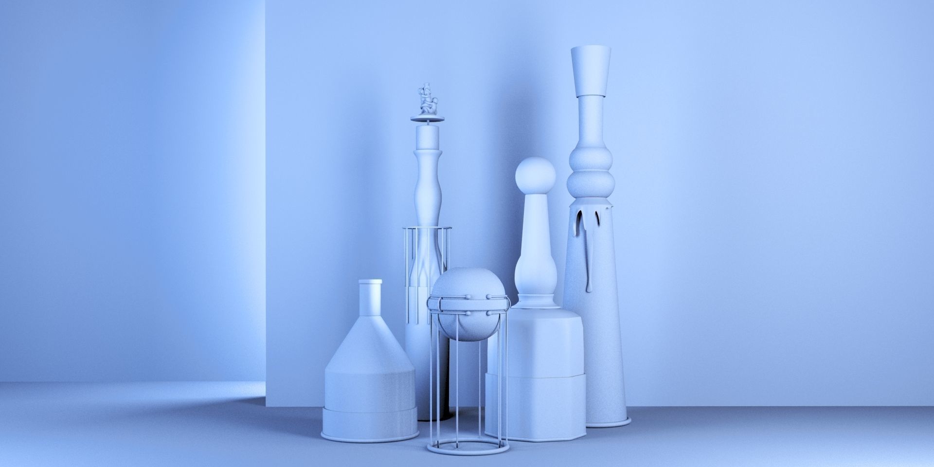 Yellow Metal Detailed Vases - Giorgio Morandi Set 3D model_6