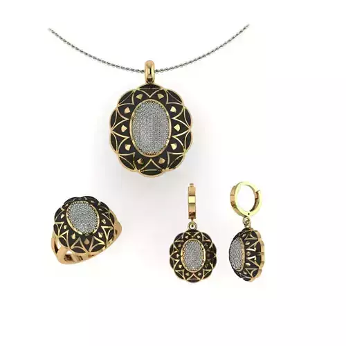 enamel set gold jewelry with oval pendant and earrings
