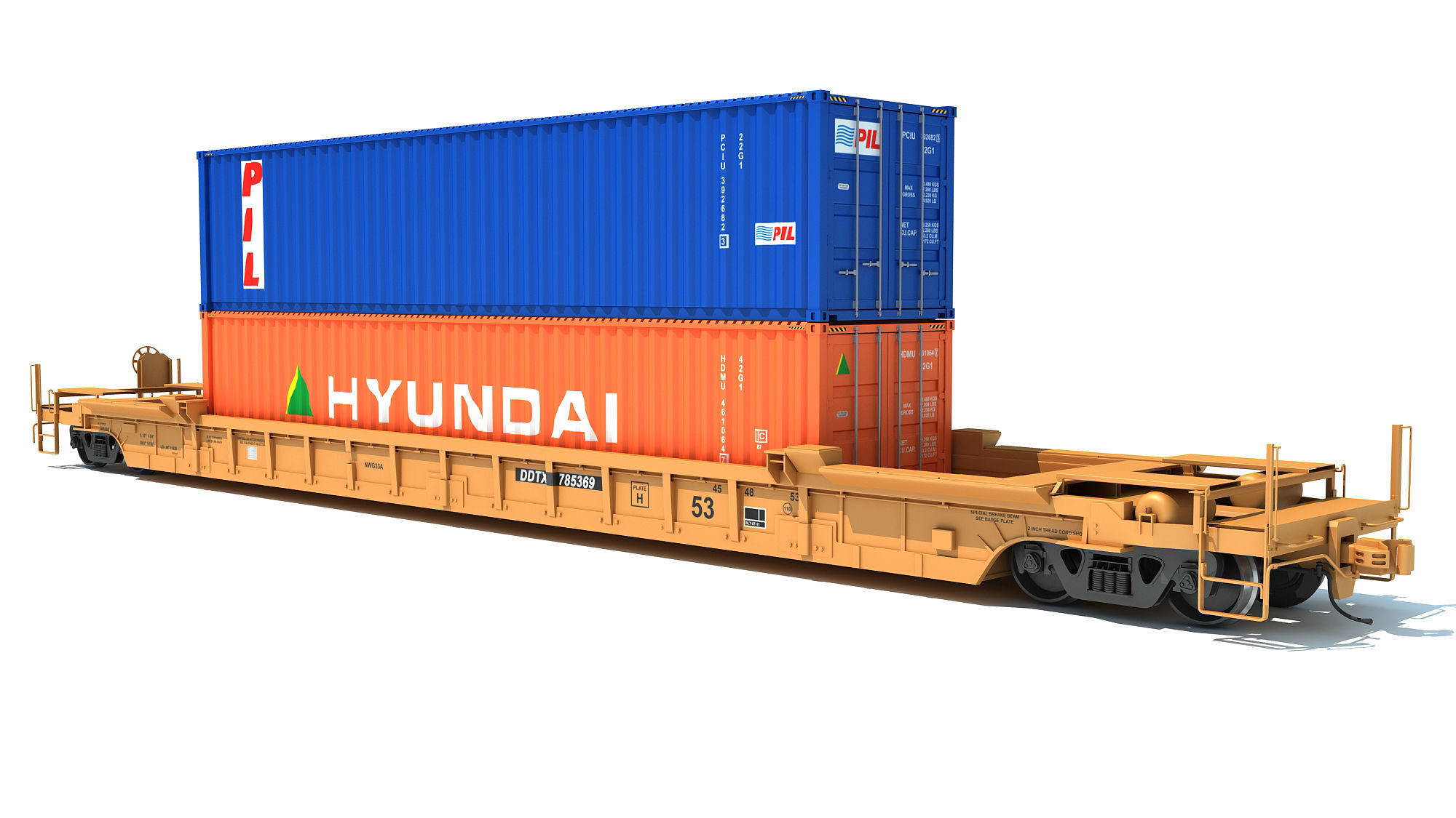 Double Stack Container Railcar 3D model_2