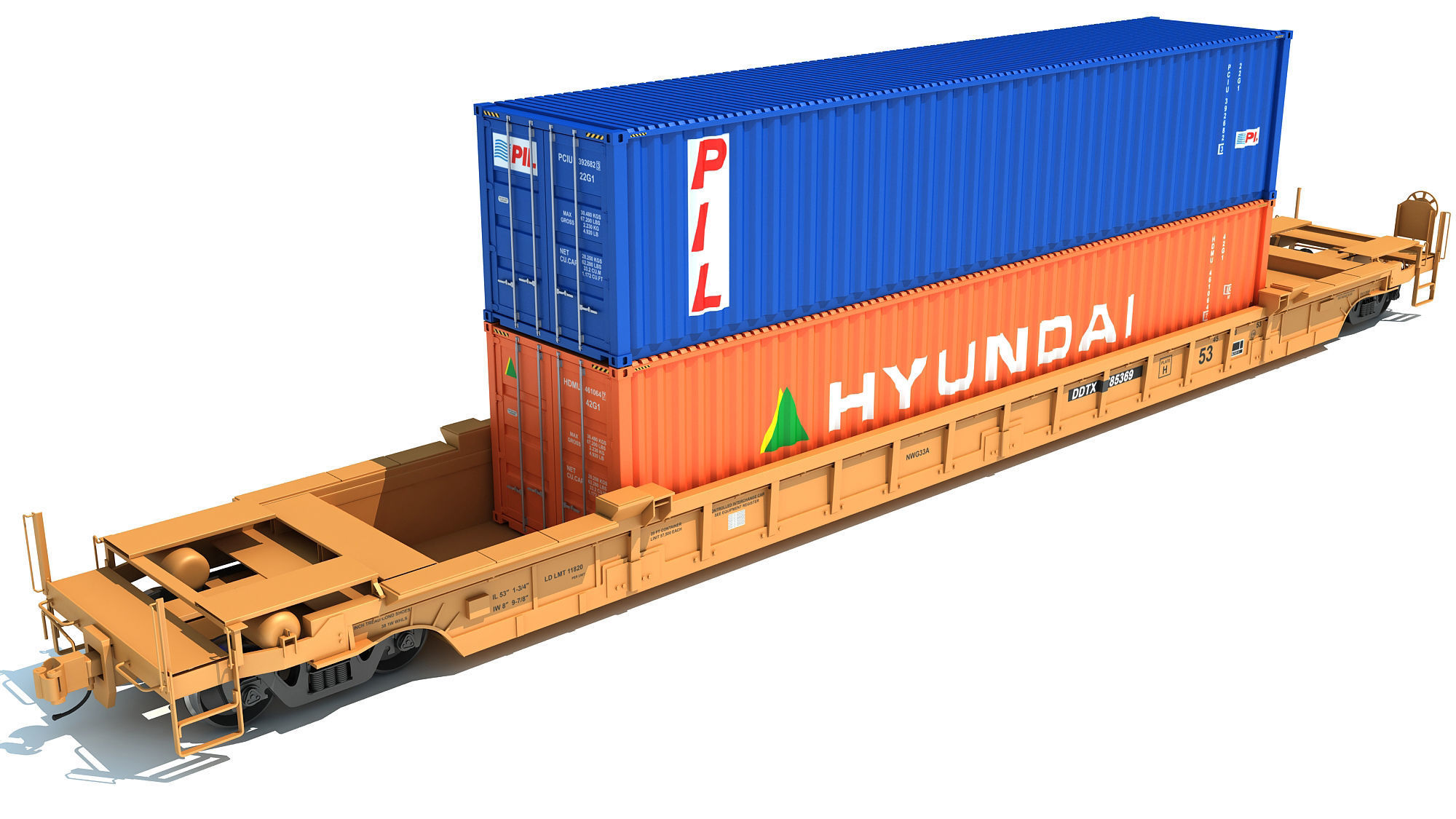 Double Stack Container Railcar 3D model_6