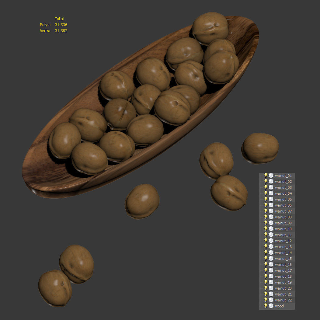 Walnut in a wooden nut bowl Low-poly 3D model_5