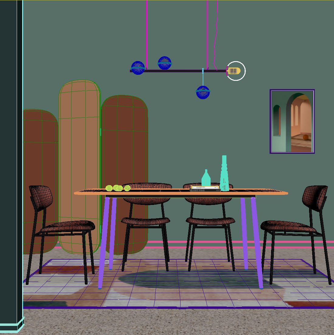 dining set room with walls and orange chairs 3D model_1