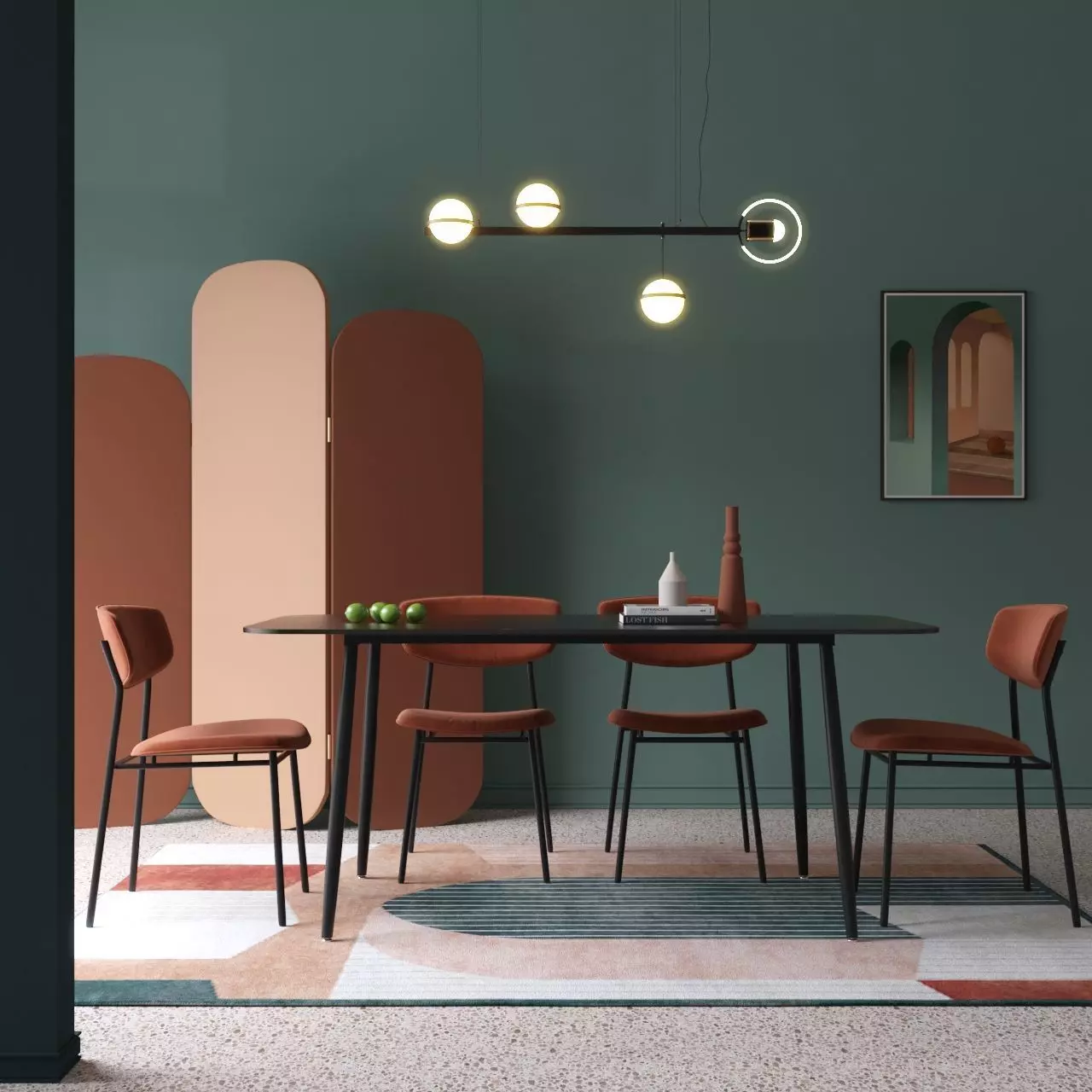 dining set room with walls and orange chairs 3D model_0