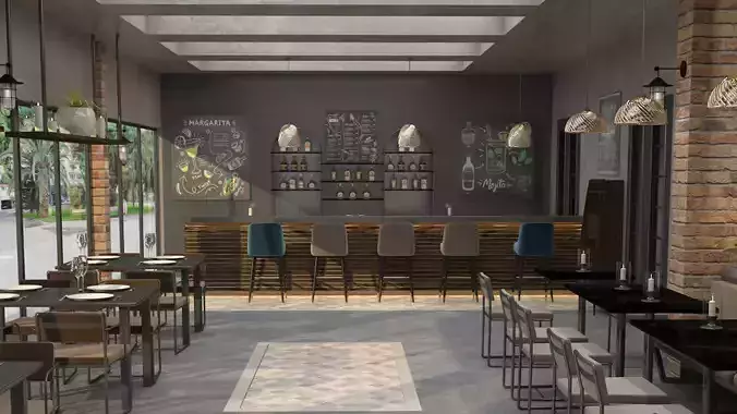 Industrial coffee bar restaurant interior design 3D model