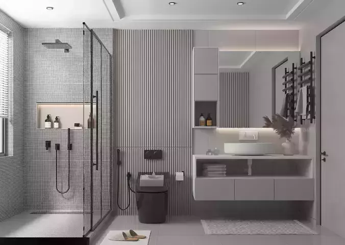 Modern bathroom with lights and render settings 