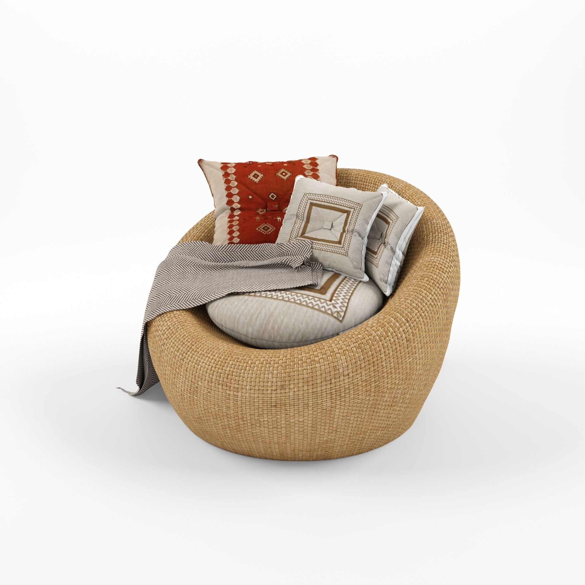 Rattan Armchair With Cushion And Carpet Pillows 2 3D model_1