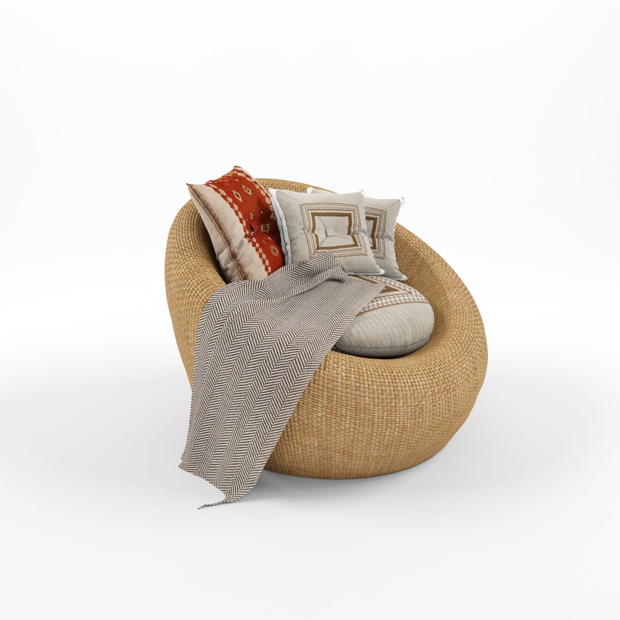 Rattan Armchair With Cushion And Carpet Pillows 2 3D model_2