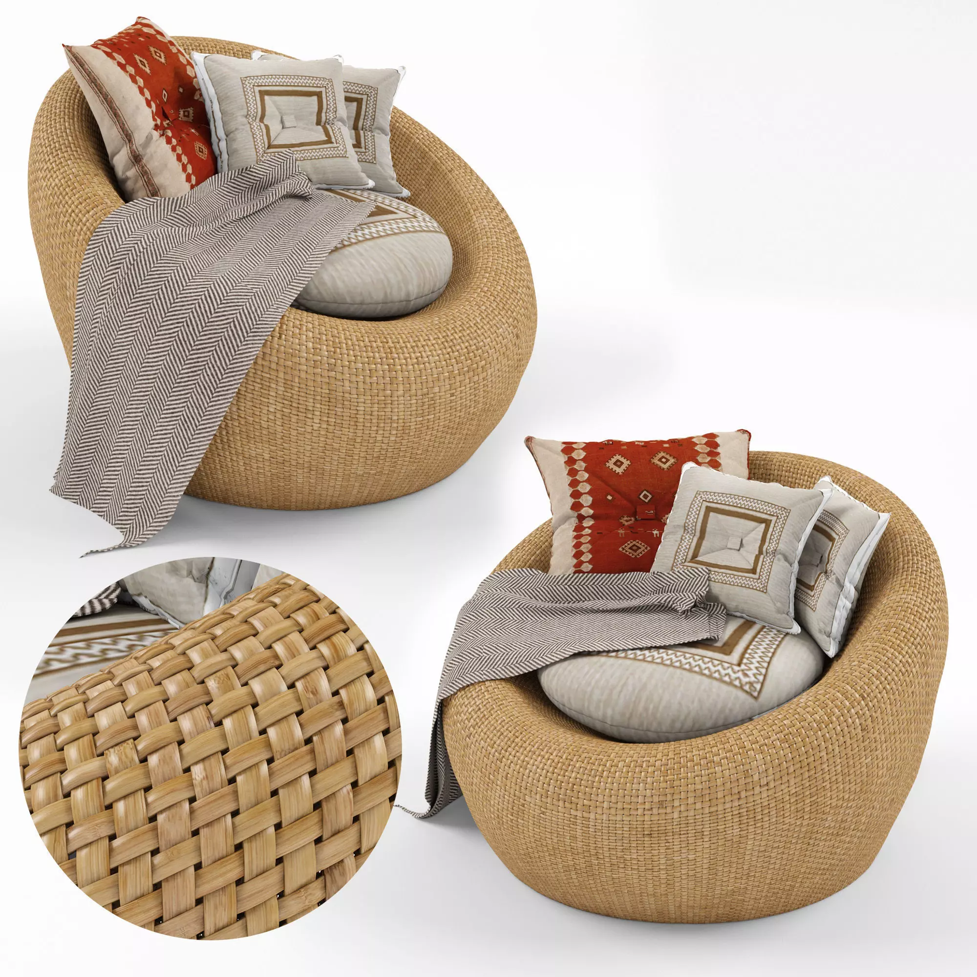 Rattan Armchair With Cushion And Carpet Pillows 2 3D model_0
