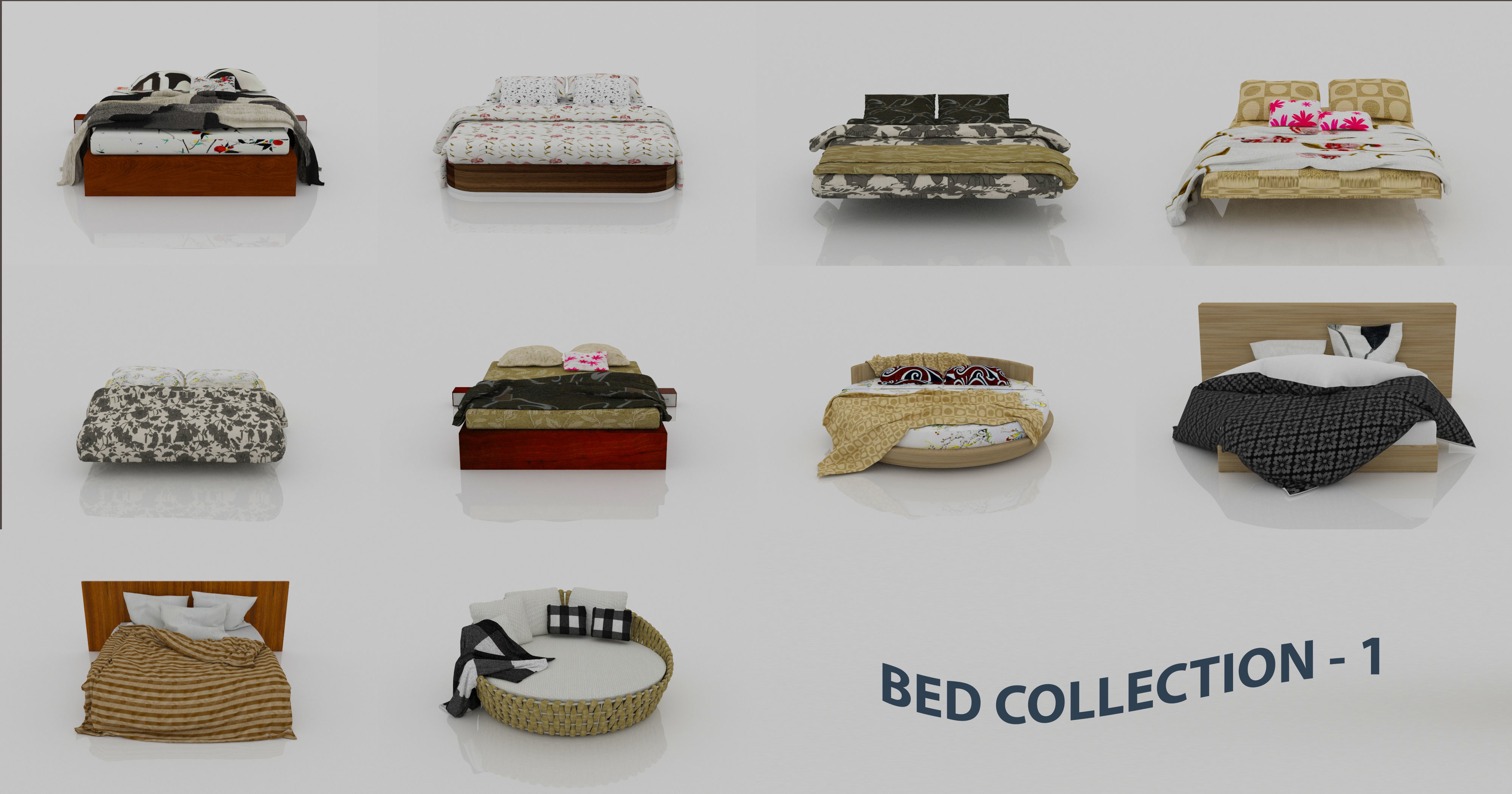BED COLLECTION 1 with floral pattern 3D model_1