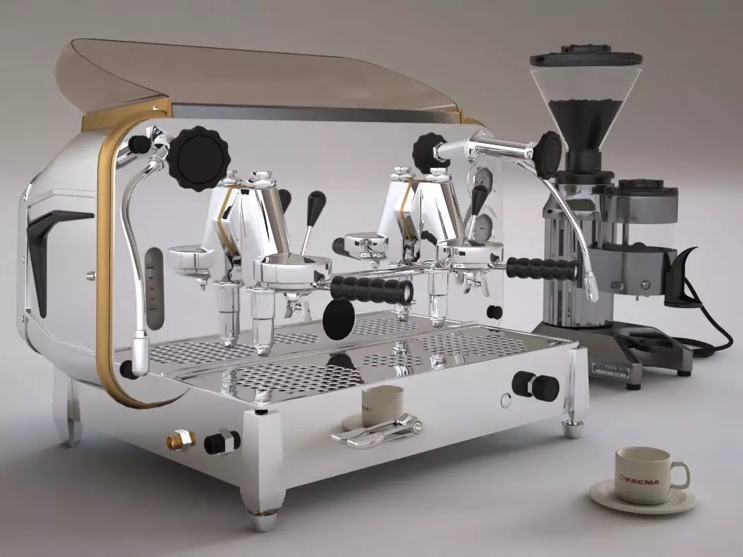 Faema e61 espresso machine and  FP Grinder with a coffee cup 3D model_0
